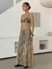 Lavishia 女款優雅甜美透視蕾絲洋裝 - 杏色 - 查看 8