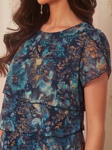 Amorya 深青色紋理圓領短袖洋裝 嘉年華服裝 女款 2026夏季服飾 優雅浪漫休閒派對雞尾酒會穿搭 - 彩色 - 查看 7