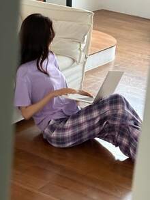 DAZY Women's Letter Print Drop Shoulder Sleeve Top And Plaid Long Pants Pajama Set - Purple - View 4