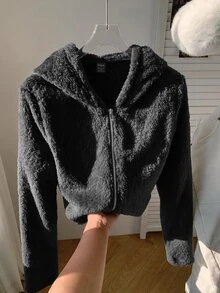 SHEIN EZwear 女款純色長袖拉鍊連帽外套 深色水洗 冬季休閒運動風 - 黑色 - 查看 5