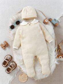 SHEIN 女嬰針織連身衣，簡約休閒可愛款，翻領復古扭繩圖案，長袖連腳連身褲，白色秋季 - 杏色 - 查看 2