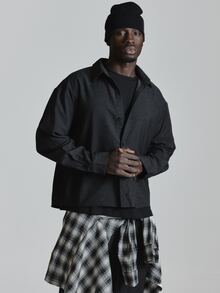 Musero Oversized Drop Shoulder Collared Shirt In Faux Denim Fabric Cropped Length Co Ord Shirt Only Autum Winter Essentials - Black - View 3