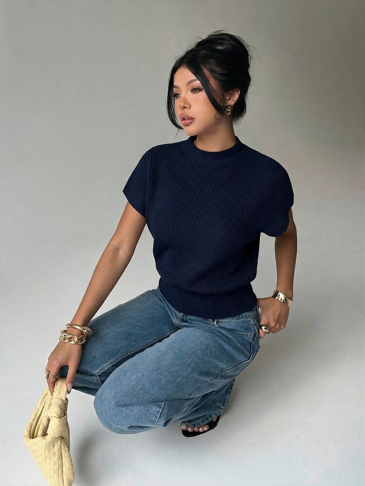 Aloruh Women's Solid Color Casual Daily Knit Top - Navy Blue - View 5