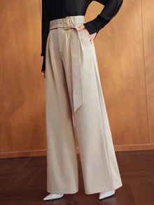 MOTF PREMIUM WOMEN'S SOLID COLOR BUCKLE BELT LOOSE WIDE LEG SUIT PANTS - Khaki - View 4