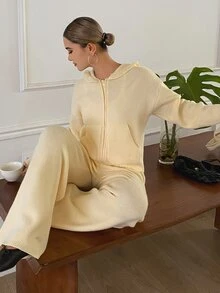 DAZY Solid Color Loose Hooded Zip-Up Sweater And Straight Leg Pants Casual Vacation Autumn/Winter Two Pieces Set For Women - Yellow - View 2