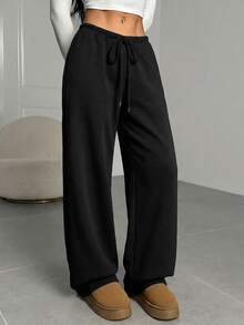 SHEIN EZwear 休閒百搭純色女款運動長褲 - 黑色 - 查看 3