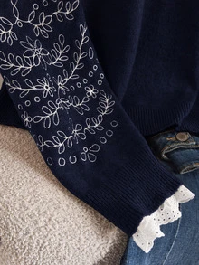 CosyJoli 大尺碼復古刺繡軟綿風長袖套頭毛衣 冬季 - 藏蓝色 - 查看 4