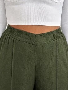 SHEIN Essnce Plus Size Women's Solid Color Casual Baggy Elegant Versatile Everyday Long Pants Fall Formal Vacation Olive Green Home Birthday - Army Green - View 5