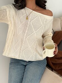 Dulcita Women's Autumn/Winter Asymmetrical Shoulder Round Neck 2-Way Wear Cable Knit Long Sleeve Loose Casual Versatile Knit Sweater - Apricot - View 5