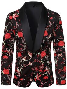 Manfinity Mode Men's Floral & Bird Digital Print Long Sleeve Jacket And Pants Suit Set - Black - View 3