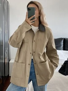 DAZY 拼接撞色寬鬆工裝夾克女款，休閒街頭韓風，秋季度假日常穿搭，卡其色，標準版 - 棕色 - 查看 1