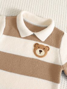 SHEIN 新生兒男嬰女嬰秋冬款可愛拼色卡通圖案 Polo 領長袖連身衣連身套裝 條紋毛衣連身衣 嬰兒毛衣連身衣 可愛毛衣連身衣 - 卡其色 - 查看 7