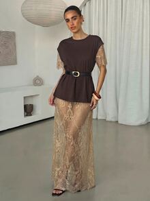 Lavishia 女款優雅甜美透視蕾絲洋裝 - 杏色 - 查看 6