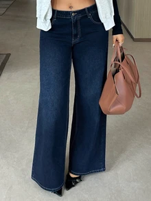 Dazy Plus Dark Wash Blue Vintage Denim Fitted Straight Leg Jeans, Elegant Versatile Long Jeans - Dark Wash - View 6
