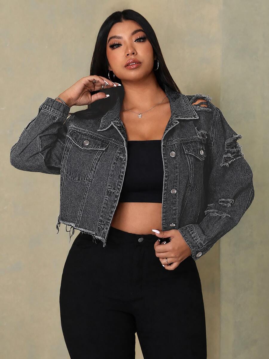 SHEIN ICON 大尺碼女款單排扣休閒日常牛仔夾克 - 深灰色 - 查看 1