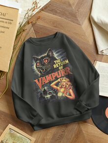 Lalippa Women's Letter Cat Print Long Sleeve Casual Crew Neck Ribbed Sweatshirt - Dark Grey - View 4