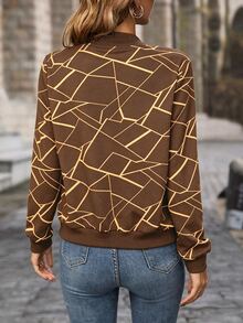 EMERY ROSE Women's Geometric Print Long Sleeve Zip-Up Baseball Jacket - Coffee Brown - View 2