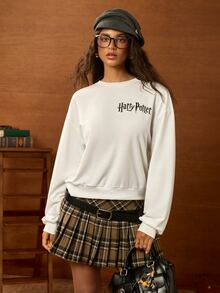 HARRY POTTER X SHEIN Women's Casual Letter Print Sweatshirt, Autumn - White - View 6