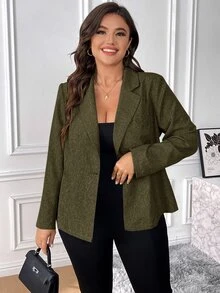 SHEIN Essnce 大尺碼優雅通勤西裝外套 - 軍綠色 - 查看 6