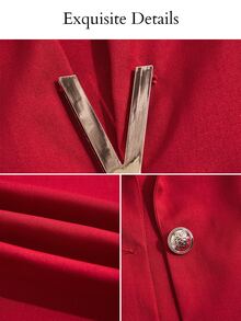Brilight V Metal Decor Waist Slim Jacket High Waist Wide Leg Pants For Wedding Guest Office Business Party - Red - View 7