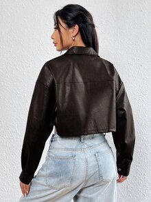 SHEIN EZwear 深褐色PU皮革長袖夾克，女款秋季服飾，2026夜晚外出穿搭，性感頹廢風 - 巧克力棕 - 查看 2