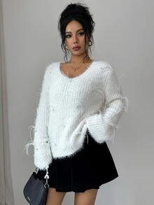 Elenzga Women's Solid Color V-Neck Casual Versatile Daily Wear Long Sleeve Sweater - White - View 5