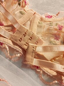 Crystal Vow Floral Embroidery Mesh Lingerie Set For Women, Thin Underwire Bra And Low-Waist Triangle Panty, 2 Pieces Set - Apricot - View 5