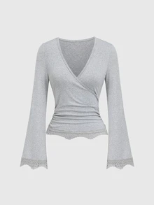 Sweetra Women's Grey V-Neck Lace Trim Design Flared Sleeve Slim Fit Sexy Elegant Commute T-Shirt For Autumn/Winter - Grey - View 1
