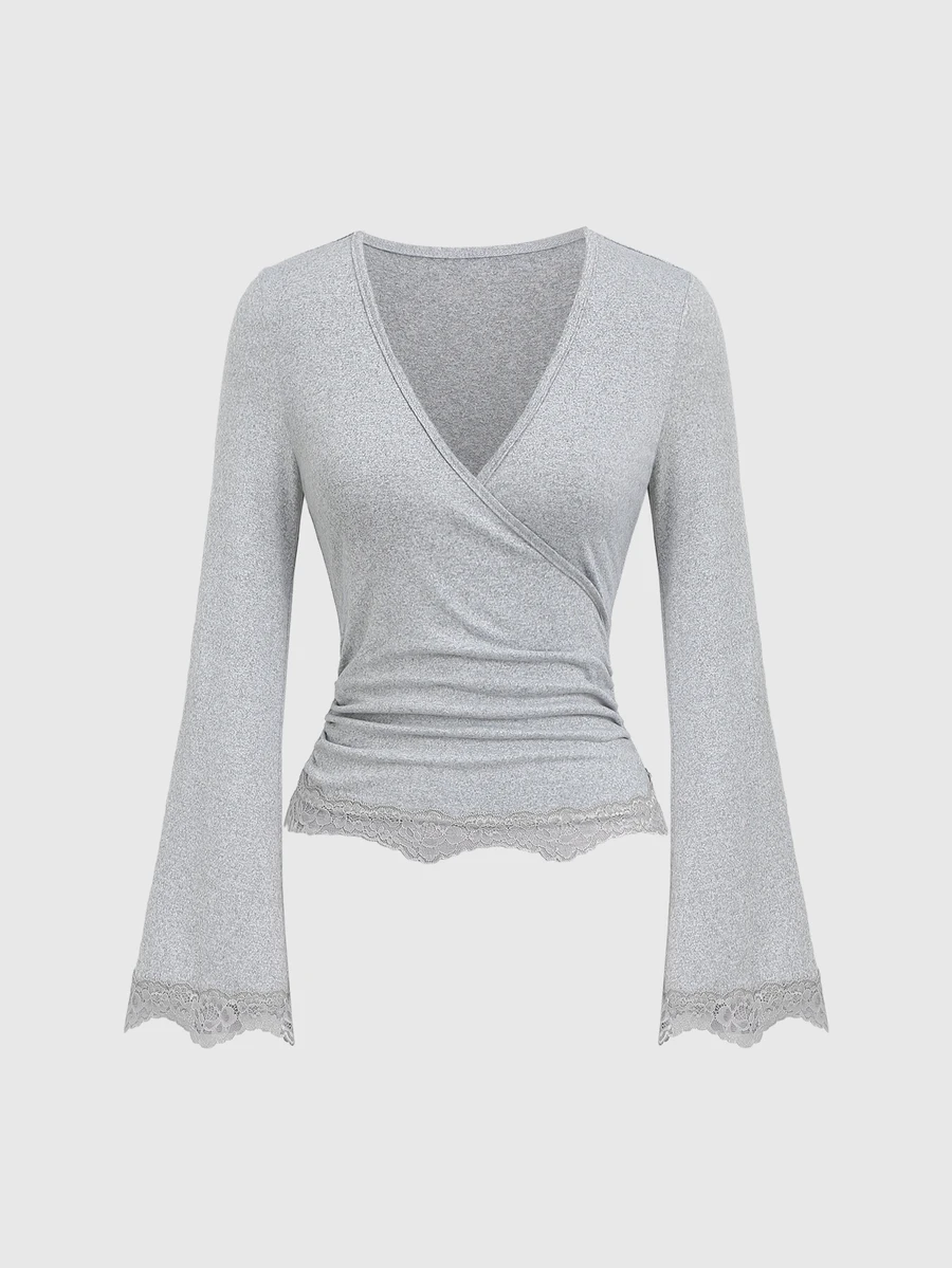 Sweetra Women's Grey V-Neck Lace Trim Design Flared Sleeve Slim Fit Sexy Elegant Commute T-Shirt For Autumn/Winter - Grey - View 1