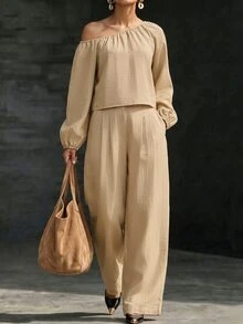 SHEIN Vintage Casual Camel Cold Shoulder Long Sleeve Set Women Cold Shoulder Cropped Top High-Waist Wide-Leg Long Pants 2 Pieces Set Vacation Autumn - Khaki - View 3