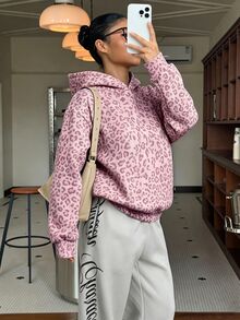 復古學院風美式豹紋，青少年女孩休閒極簡寬鬆舒適無刷毛連帽衛衣，適合秋冬日常穿著 - 白色 - 查看 5
