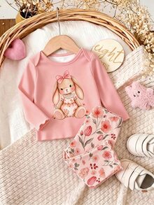 新生女嬰可愛卡通與花卉圖案長袖居家服套裝 - 彩色 - 查看 7