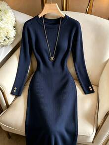 SHEIN Franclia Women's Solid Color Round Neck Casual Daily Summer Dress - Navy Blue - View 3