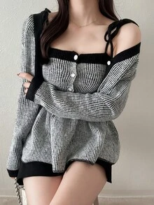 FRIFUL Women's Button Long Sleeve Contrast Color Sweater And Knit Dress 2 Pieces Set Brunch Black And White Striped Fall French Elegant Everyday Date Winter - Grey - View 6