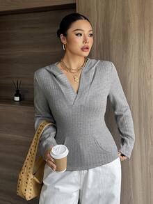 Livesso Solid Color Casual Slim Fit Hooded Pullover Sweater, Blogger Style - Grey - View 6