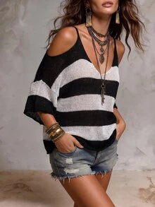 SHEIN Clasi Plus Size Vacation Fashion Striped Colorblock Cold Shoulder Knit Top - Black - View 11