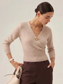 SHEIN Orluneo Women's V-Neck Wrap Pullover Sweater, Oatmeal/Khaki, Fitted Waist & Rose-Shaped Metallic Buckle, Soft Versatile Top For Office & Social Gatherings - Khaki - View 6