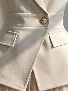 SHEIN Women's Sleeveless Blazer Jacket With Notched Lapel, Button Front, Metal Buttons, Cinched Waist, A-Line Hem, Decorative Pockets, Twill Textured Fabric - Apricot - View 5