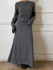 DAZY Solid Color Fitted Crew Neck Long Sleeve Pullover Sweater & A-Line Umbrella Skirt, Elegant Formal Vacation Korean Style Thickened Autumn/Winter 2 Pieces Set For Women - Grey - View 2