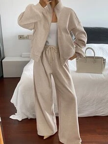 DAZY Women's Velvet-Feel Thick Stand Collar Sweatshirt And Long Pants Casual 2 Pieces Set - Khaki - View 2