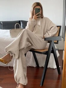 DAZY Women's Velvet-Feel Thick Stand Collar Sweatshirt And Long Pants Casual 2 Pieces Set - Khaki - View 6