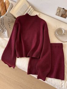CosyJoli Women's Solid Color Long Sleeve Sweater And Knitted Skirt Casual Set - Burgundy - View 4