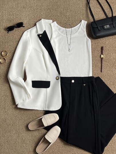 Grovea Blazer élégant de style français à blocs de couleurs pour femmes grande taille, mode de bureau