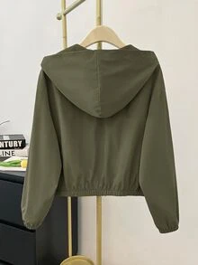 SHEIN 兒童青少年女孩秋/冬新款黑色梭織素色貼袋短版寬鬆休閒連帽外套，返校季 - 軍綠色 - 查看 2