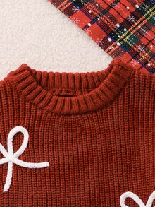SHEIN Young Girl 2件組紅色秋季仙女風落肩愛心圖案針織長褲 - 酒紅色 - 查看 4