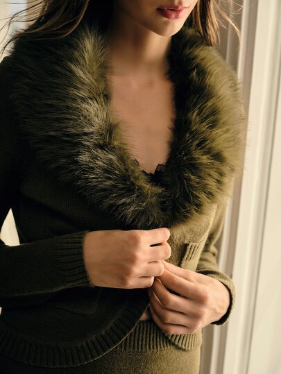 MOTF PREMIUM FAUX FUR COLLAR ELEGANT SWEATER & SKIRT SET, AUTUMN/WINTER WOMEN'S OUTFIT