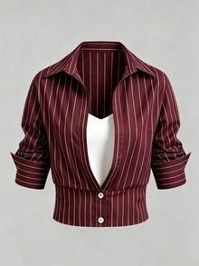 Olithes Kemeja Wanita Kasual untuk Perjalanan, Melangsingkan Pinggang, Model 2 in 1, Garis-garis Biru Tua, Lengan Panjang dan Pendek dengan Kerah. - Burgundy - View 1