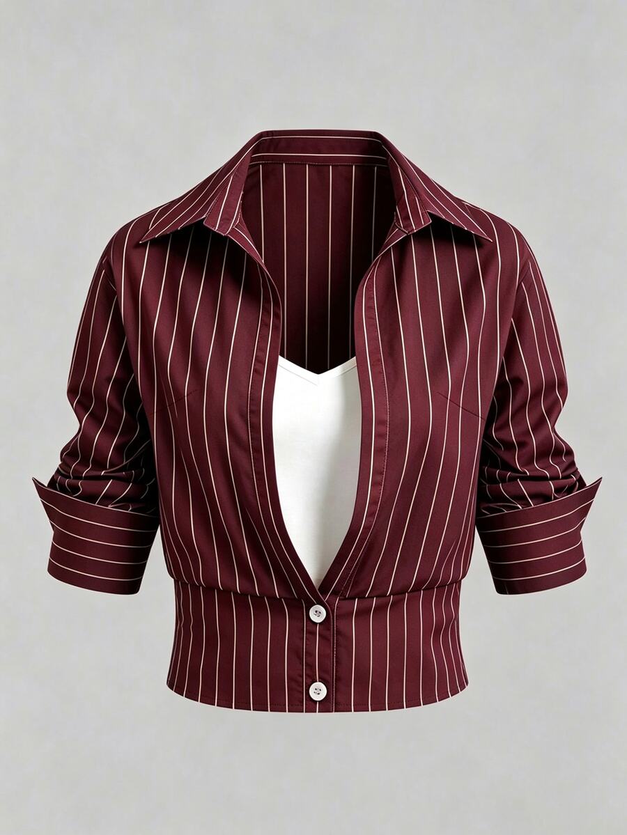 Olithes Kemeja Wanita Kasual untuk Perjalanan, Melangsingkan Pinggang, Model 2 in 1, Garis-garis Biru Tua, Lengan Panjang dan Pendek dengan Kerah. - Burgundy - View 1