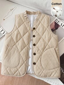 SHEIN Clasi Women's Plaid Casual Versatile Winter Padded Vest Jacket - Khaki - View 4