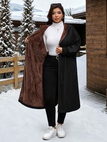 SHEIN Clasi Plus Size Autumn/Winter Thermal Lined Long Hooded Coat - Black - View 7